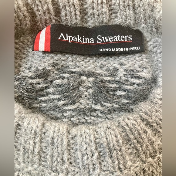 Unisex Alpaca Wool Sweater M/L Hand Knit Peru Alpakina Pullover Gray Black Cozy - Picture 2 of 14